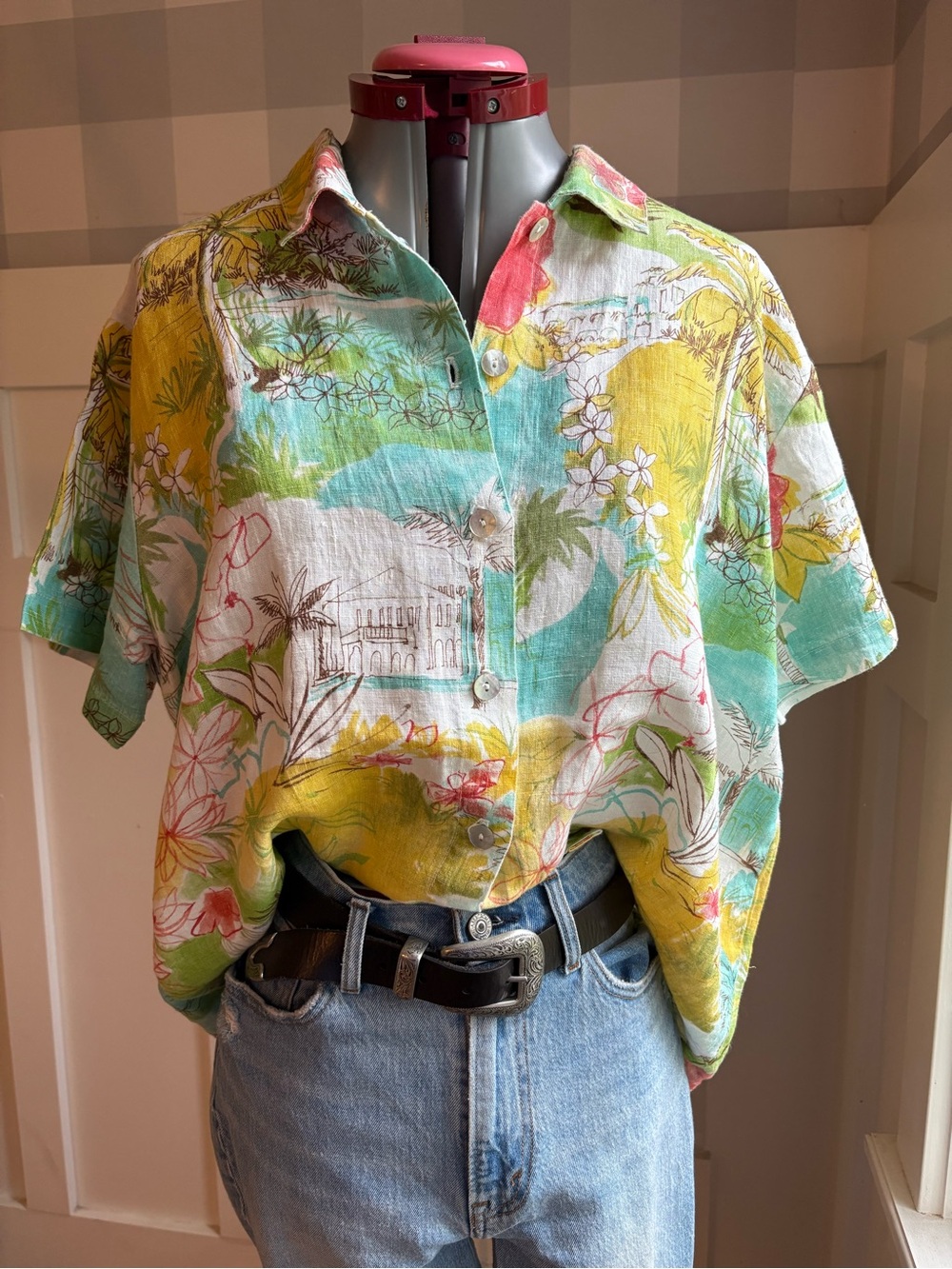 Hot Cotton Tropical Short-Sleeve Button-Down in Yellow, Aqua & White Large